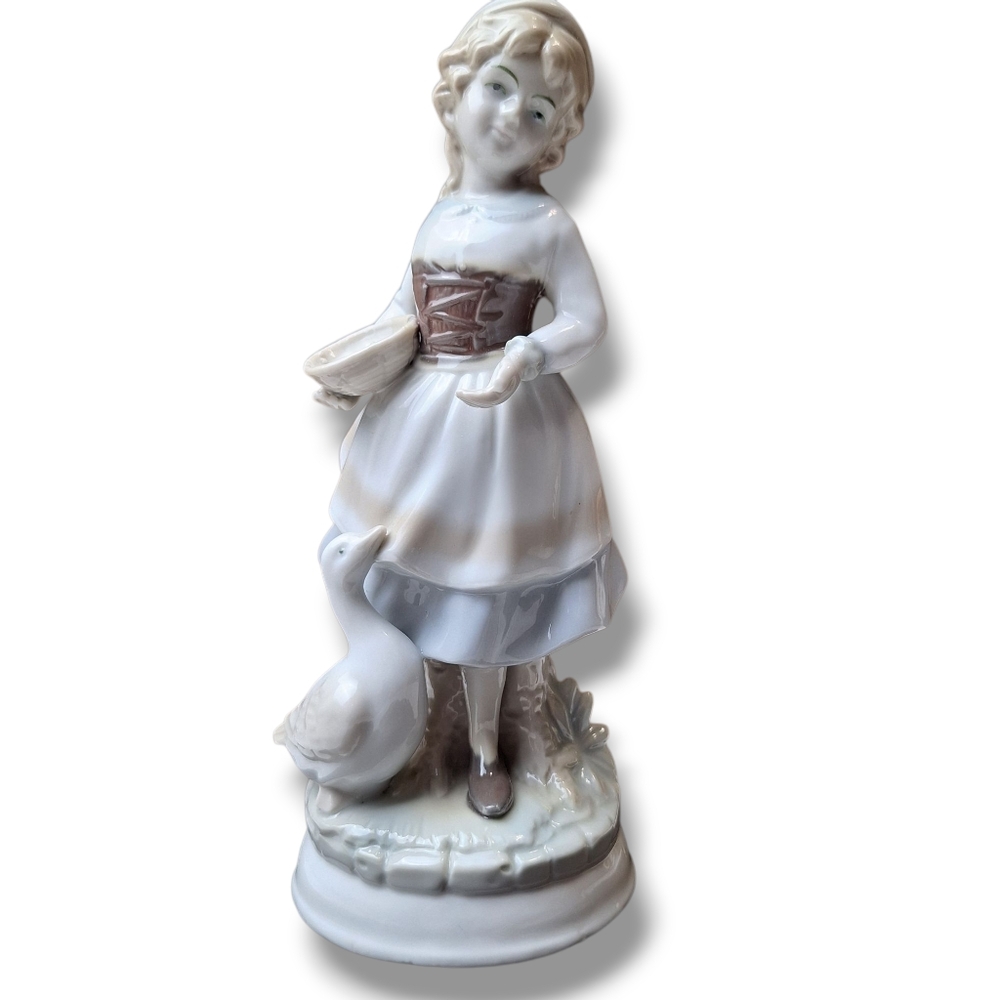 Vintage Ardalt Lenwile Ceramic Figurine Girl Feeding Duck Goose Japan Woman 7.5"
